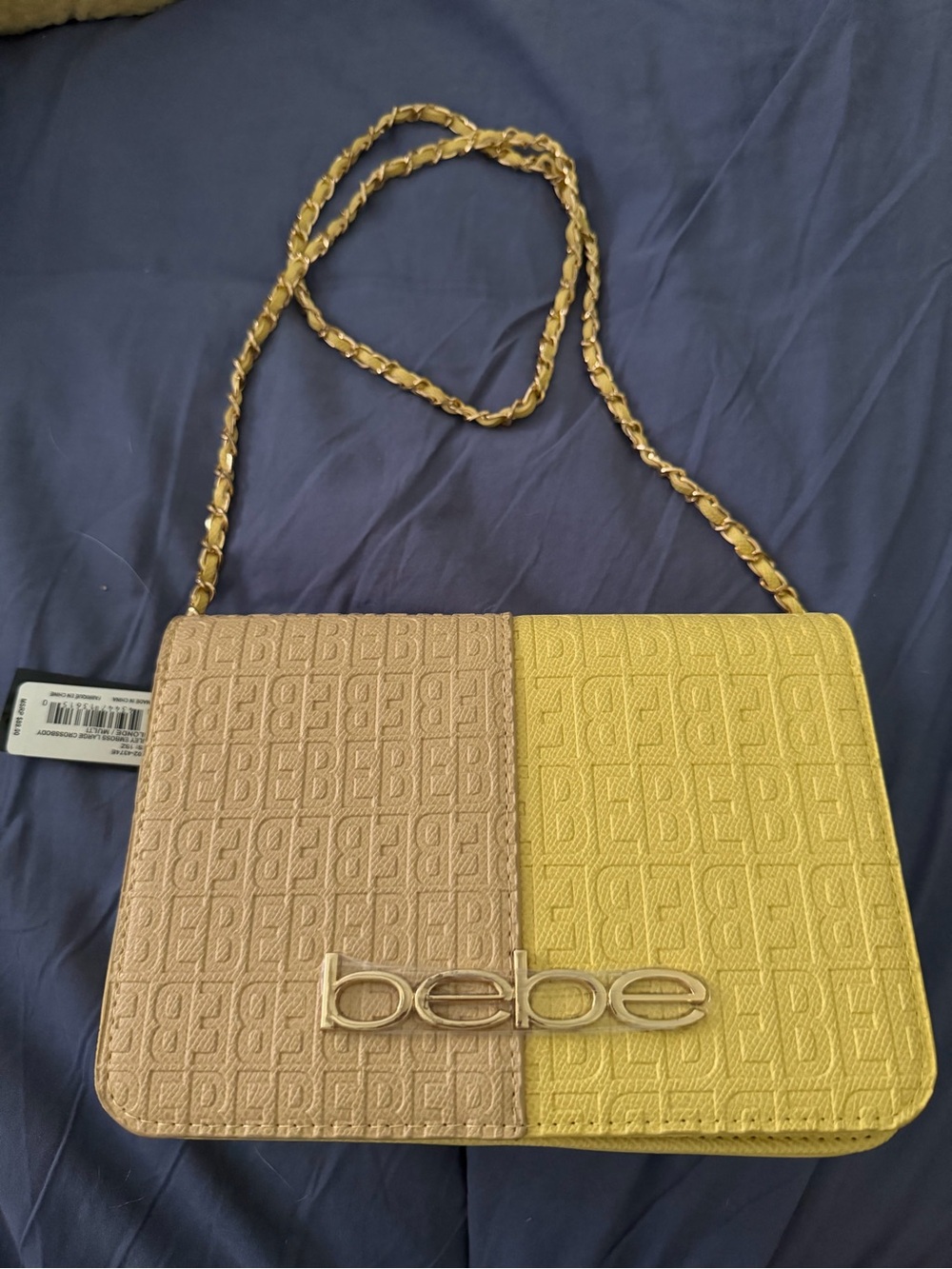 NWT Bebé Large Yellow & Beige Crossbody with Gold Chain strap